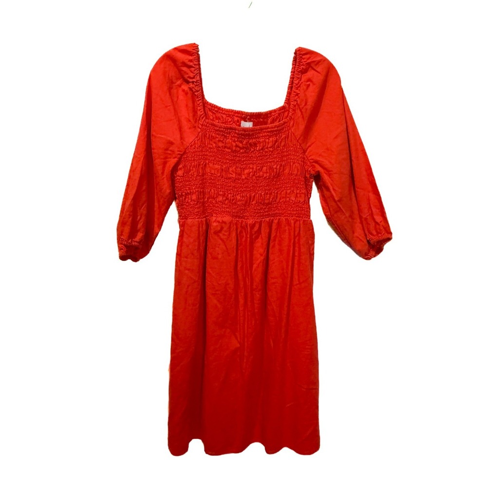 Maternity Dress Ingrid + Isabel Red Orange Smocked Puff Sleeve A-line Linen
